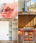 Image collage of pocket, double, bi-fold, closet, and sliding doors showcasing various applications for recessed sliding door pulls.