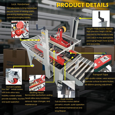 Heavy Duty Automatic Case Sealer Double Flap Box Taping Machine features adjustable handle, sealing heads, and swivel casters.