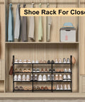 Heavy Duty Black Metal Shoe Rack With Four Tiers And Three Rows, Holds Up To 30 Pairs Of Sneakers in a stylish closet.