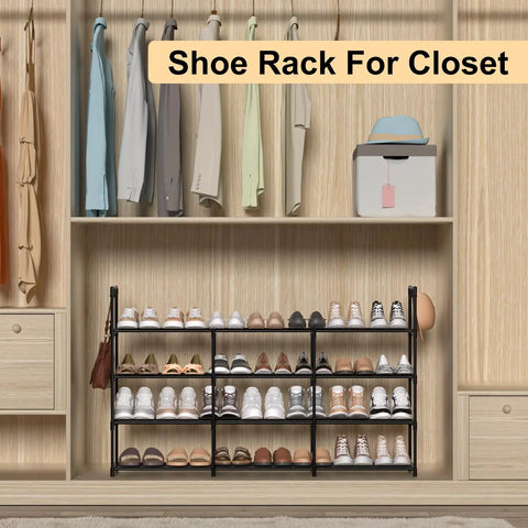 Heavy Duty Black Metal Shoe Rack With Four Tiers And Three Rows, Holds Up To 30 Pairs Of Sneakers in a stylish closet.