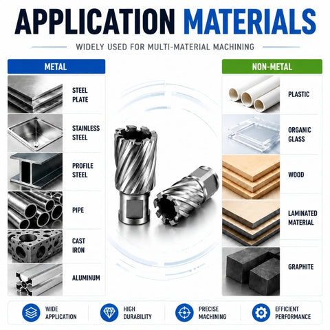 Application materials for Premium HSS Annular Cutter 2-1/4 Inch Cut Diameter 3/4 Inch Weldon Shank including metal and non-metal options.