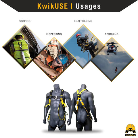 Image showing Premium Full Body Safety Harness With Shoulder Padding, 3 Heavy Duty D Rings, used in roofing, inspecting, and rescuing.