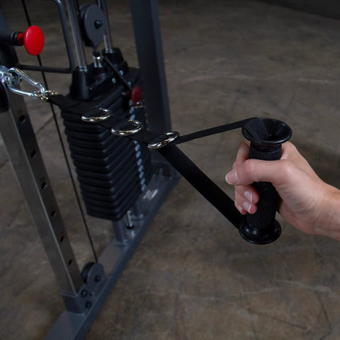 Top Shelf Dual Stack Cable Crossover Machine For Home And Commercial Gyms Featuring Professional Functional Training Rig with grip handle and weights.