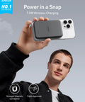 Tiny But Mighty 5000mAh Magnetic Power Bank Secure Snap On Portable Phone Charger being held against a smartphone.