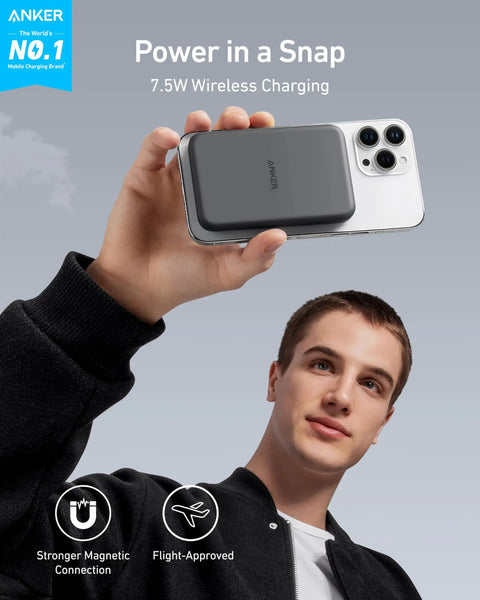 Tiny But Mighty 5000mAh Magnetic Power Bank Secure Snap On Portable Phone Charger being held against a smartphone.