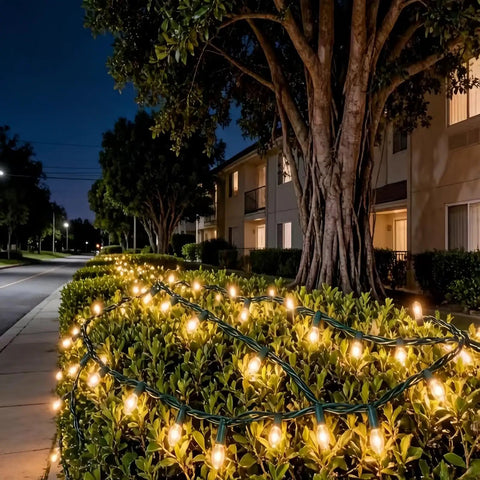 200 LED Warm White Christmas Lights On 66ft Green Wire UL Certified lighting a garden pathway at night