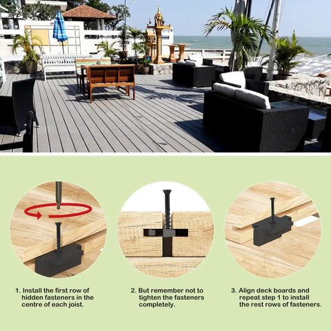 Top Shelf Hidden Deck Fasteners With Heavy Duty Stainless Steel Screws And Precision Drill Bits Weather Resistant Seamless Composite Board Installation Zero Fuss Outdoor Patio Upgrade installation guide with deck clips and tools.