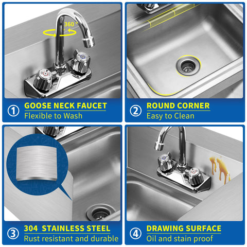 Stainless Steel Wall Mount Hand Sink With Side Splash Guard Strainer And Faucet 17x15 Inch Commercial NSF Kitchen Sink Built Tough For Home Bars Cafes Restaurants And Stores showcasing faucet, round corners, and stainless steel surface.