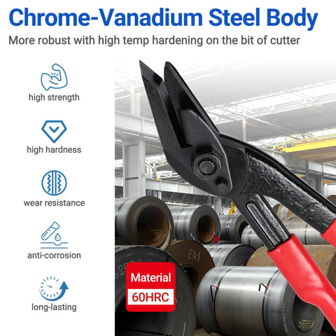 Heavy Duty 12 Inch Strapping Cutter With Wide Blade, Chrome Vanadium Steel banding shears showcasing sharp blades for cutting metal.