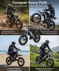Rider on Beast Mode 3000W Electric Dirt Bike For Adults With 20 Inch All Terrain Fat Tires 35 MPH Top Speed in diverse terrains.