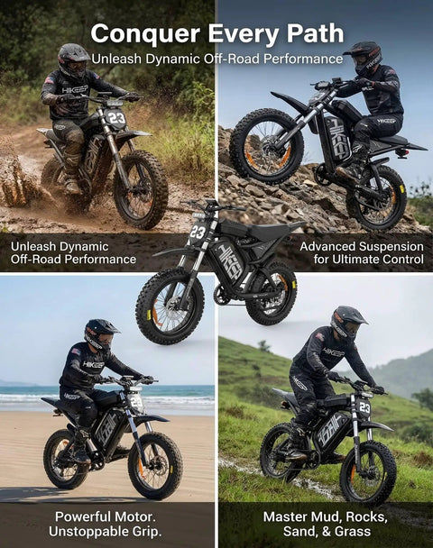 Rider on Beast Mode 3000W Electric Dirt Bike For Adults With 20 Inch All Terrain Fat Tires 35 MPH Top Speed in diverse terrains.