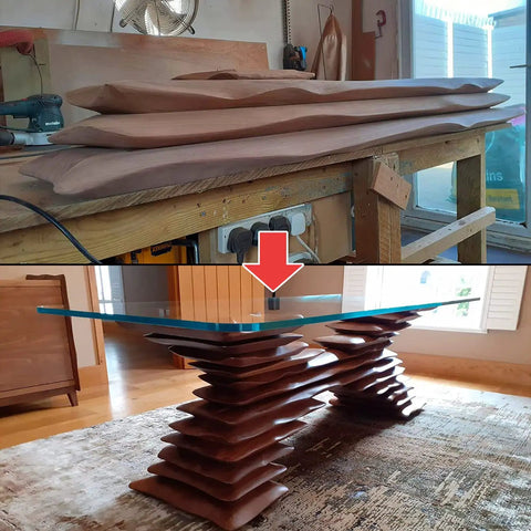 Wooden pieces on workbench transforming into modern table using 4 Inch Wood Shaping Wheel for Angle Grinders With 5/8 Inch Arbor