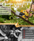 Pro Max 21V Brushless Electric Pruning Shears cutting a branch with ergonomic handle, showcasing efficiency against manual scissors.