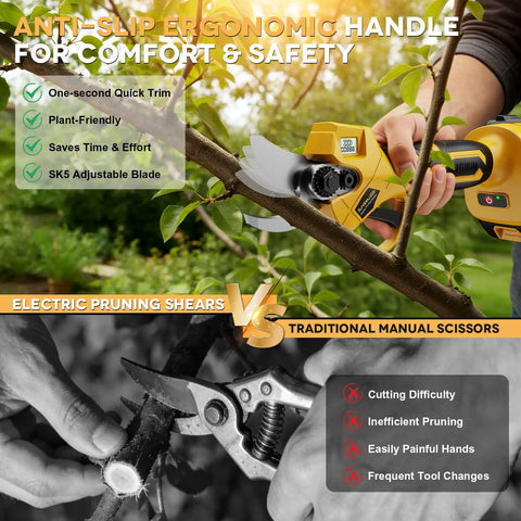 Pro Max 21V Brushless Electric Pruning Shears cutting a branch with ergonomic handle, showcasing efficiency against manual scissors.