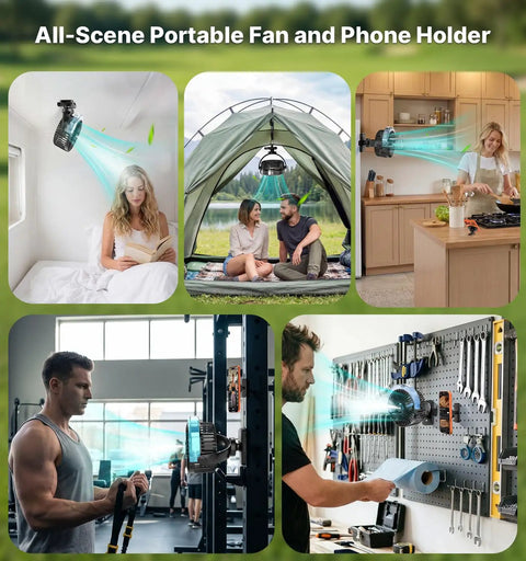 Magnetic Golf Cart Misting Fan And Phone Holder Gift Set for Dads and Golfers used in various indoor and outdoor settings.
