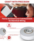White electrical tape being applied to a black surface, flame and cold resistant features highlighted for precision crafting.