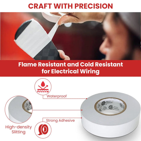 White electrical tape being applied to a black surface, flame and cold resistant features highlighted for precision crafting.