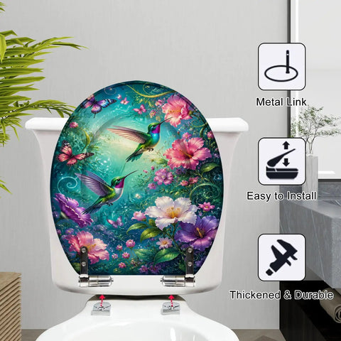 Round Vibrant Hummingbirds Butterflies Chinoiserie Colorful Toilet Seat featuring colorful floral design and durable resin construction.