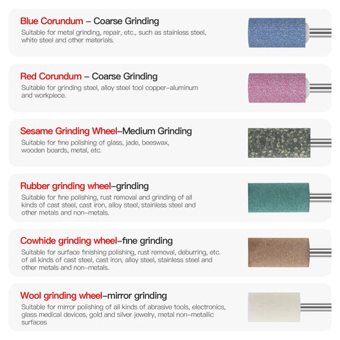 Image displaying assorted grinding wheels for metal rust removal, smoothing, deburring with various materials and coarseness levels.