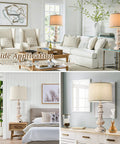 Vintage Vibe Table Lamps Set Of 2 with USB Ports, 28-inch resin base with linen drum shade in living room and bedroom settings.