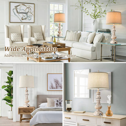 Vintage Vibe Table Lamps Set Of 2 with USB Ports, 28-inch resin base with linen drum shade in living room and bedroom settings.