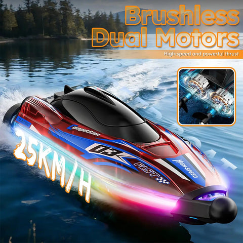 Red Brushless Remote Control RC Boat with LED Lights racing on water at 25 KMH, highlighting dual motors and pool play.
