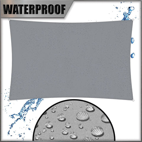 14 By 14 Foot Grey Waterproof Sun Shade Sail UPF50 Plus Canopy Awning Shelter For Outdoor Patio Backyard Garden Carport Water Resistant UV Block 95 Percent Custom Size Available with water droplets showing waterproof feature