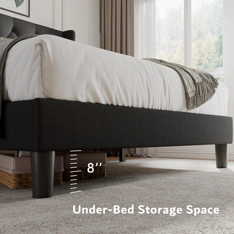 Queen Size Platform Bed Frame With Button Tufted Wingback Headboard, Black Upholstered Bedroom Staple, Eight Inch Underbed Storage
