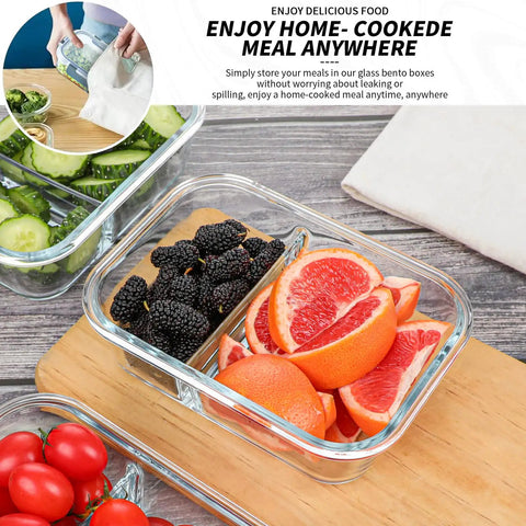 Two Compartment Glass Meal Prep Containers Pack Of 10 With Lids, 30 Oz Each, Airtight Food Storage with fruit and vegetables inside