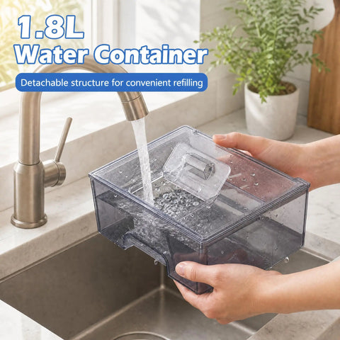 1.8L Water Container being filled at sink, featuring a detachable structure for easy refilling and convenience.
