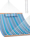 12 Ft Quilted Double Hammock With Spreader Bars And Detachable Pillow, 450 Lbs Weight Capacity, blue striped design