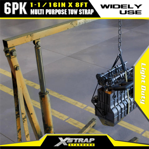 Six Pack 1x8 Lift Sling Straps With Wear Guard Ends, Heavy Duty Polyester Web Slings used to lift an engine frame