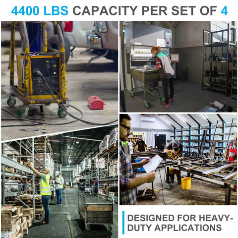 Heavy Duty 5 Inch By 2 Inch Caster Wheels Set Of 4 With Polyurethane On Aluminum Wheels Swivel Casters With Top Lock Brakes For Easy Locking And Maneuverability 4400 Lbs Load Capacity When Used As A Set Green in warehouse and workshop settings