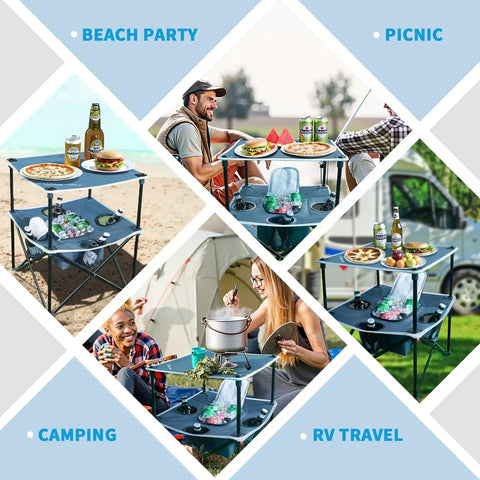 Folding Beach Table For Sand Camping With Insulated Cooler Storage And Four Cup Holders Portable Pop Up Picnic Table Lightweight Outdoor.
