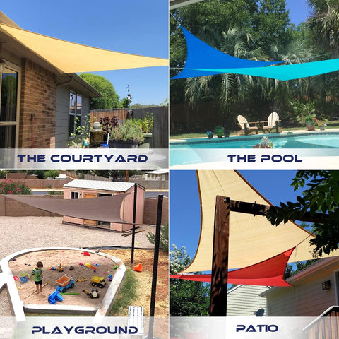 Turquoise 16 By 16 By 16 Feet Sun Shade Sail Triangle Outdoor Canopy Cover UV Blocking For Backyard Porch Pergola Deck Garden Patio Durable 180 GSM HDPE Fabric With Stitched Seams And Corner D Rings over various outdoor areas