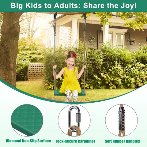 Child on Heavy Duty Swing Seat With Adjustable Rope For Tree Swing, 300 Lb Capacity, Non Slip Plastic Swing Chair, Green