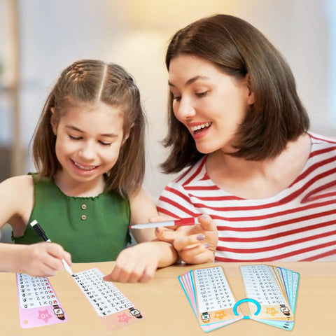 Child and adult using Add Up Fast 1 To 12 Addition Flash Cards Set With Large Times Table Chart, pens, and binder rings on table.