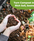 Hands holding compost with vegetable scraps, illustrating Compost Activator Powder For Do It Yourself Home Compost Bins And Tumblers Boosts Microorganisms And Adds Organic Fertilizer With Blood Meal Worm Castings Kelp And Fermented Bran Inoculant 32 Ounces.