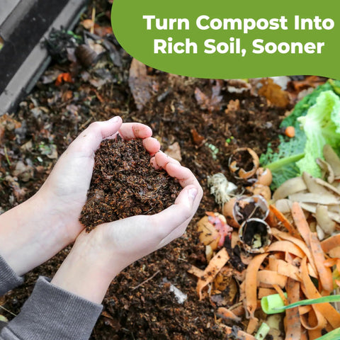 Hands holding compost with vegetable scraps, illustrating Compost Activator Powder For Do It Yourself Home Compost Bins And Tumblers Boosts Microorganisms And Adds Organic Fertilizer With Blood Meal Worm Castings Kelp And Fermented Bran Inoculant 32 Ounces.