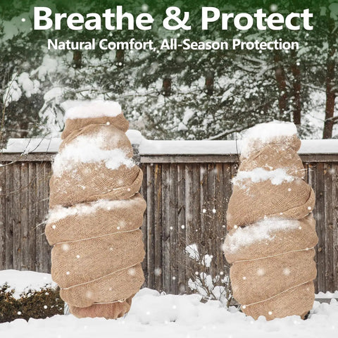 Trees wrapped with 40 Inch Wide Burlap Fabric Roll By The Yard Natural Jute Garden Material For DIY Crafts And Outdoor Projects A Workhorse For Tree Wrap in snow-covered garden