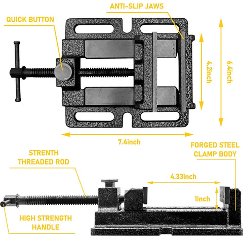 Heavy Duty 4 Inch Drill Press Vise With One Click Quick Release Cast Iron Milling Vise top and side view dimensions