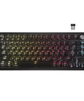 Top Shelf Wireless 75 Percent Gaming Keyboard Featuring Hot Swap MLX Tactile Switches Premium PBT Double Shot Keycaps And Glowing Per Key RGB Backlighting in black with vibrant RGB lighting.
