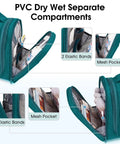 Interior view of teal Large Hanging Toiletry Bag For Women And Men, Grab And Go Travel Makeup Organizer with dry wet separation