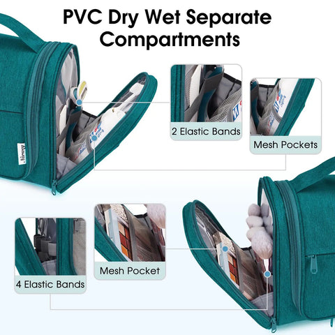 Interior view of teal Large Hanging Toiletry Bag For Women And Men, Grab And Go Travel Makeup Organizer with dry wet separation
