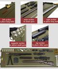 Hella Spacious Magnetic Gun Cleaning Mat Fifty Point Two Inches Long Built Tough Oil Resistant Floor Pad With Tool Slots For All Long Guns And Handguns, showing sections for tools and cleaning.