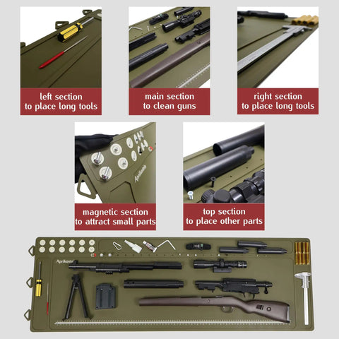 Hella Spacious Magnetic Gun Cleaning Mat Fifty Point Two Inches Long Built Tough Oil Resistant Floor Pad With Tool Slots For All Long Guns And Handguns, showing sections for tools and cleaning.