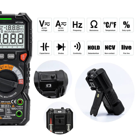 Digital Multimeter TRMS 6000 Counts Auto Ranging Voltmeter For Voltage Current Resistance Diodes Continuity Capacitance Temperature Frequency Duty Cycle And More Ready For Auto Techs And DIYers, with display and buttons visible, showing symbols for measurements.