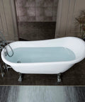 Heavy Duty Acrylic Clawfoot Bathtub Featuring Fly Slipper Contour And Straight Up Brushed Nickel Fixtures Complete No Stress All In One Luxury Home Soak Package, top view with water.