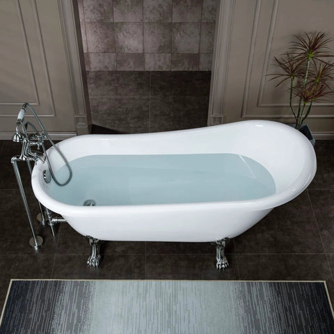 Heavy Duty Acrylic Clawfoot Bathtub Featuring Fly Slipper Contour And Straight Up Brushed Nickel Fixtures Complete No Stress All In One Luxury Home Soak Package, top view with water.