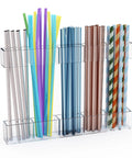 Slick 9.5 Inch Acrylic Straw Organizer Clips Securely To Cabinet Doors With Extra Grippy Adhesive Strips Features Sloped Drainage Base Keeps Countertops Totally Clutter Free And Ready For Use, featuring assorted drink straws.